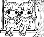 Coloriage Sc&egrave;ne de deux amies kawaii