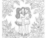 Coloriage Trois amis charmantes avec des fleurs