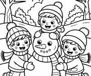 Coloriage Trois amis construisant le bonhomme de neige