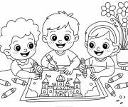 Coloriage Trois amis en dessinant leur ch&acirc;teau
