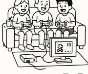 Coloriage Trois amis en jouant aux vid&eacute;os