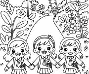 Coloriage Trois filles kawaii marchant dans le jardin