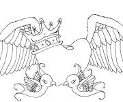 Coloriage Coeur d'amour avec couronne, ailes et oiseaux