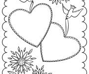 Coloriage Coeurs d'amour sur carte de vœux avec oiseaux et des fleurs