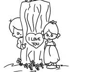 Coloriage Les enfants avec un coeur d'amour sur l'arbre