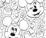 Coloriage Mickey et Minnie Mouse entourés avec des coeurs d'amour