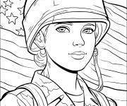 Coloriage femme soldat am&eacute;ricaine devant le drapeau des &Eacute;tats-Unis