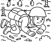 Coloriage Membre de l'arm&eacute;e rampant sous le fil