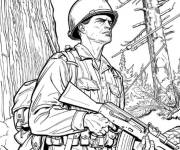 Coloriage Soldat de l'arm&eacute;e de terre tenant une arme dans la for&ecirc;t
