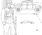 Coloriage Soldat de l'arm&eacute;e devant une voiture de guerre