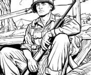 Coloriage Soldat se reposant derri&egrave;re une cl&ocirc;ture