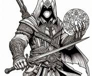 Coloriage Assassin tenant l'&eacute;p&eacute;e et le symbole