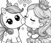 Coloriage Baiser de fille et licorne