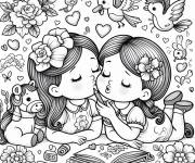 Coloriage Baiser et lectures pour filles