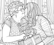 Coloriage Embrasser la grand m&egrave;re pendant sa fete
