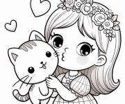 Coloriage Fille embrasse son chat