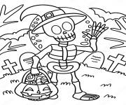 Coloriage Squelette de Halloween dans une cimeti&egrave;re