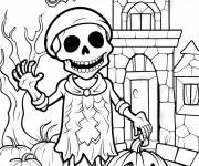 Coloriage Squelette devant la maison des fant&ocirc;mes