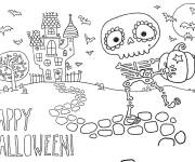 Coloriage et dessins gratuit Squelette devant un ch&acirc;teau à imprimer