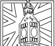 Coloriage Big Ben devant le drapeau d'Angleterre