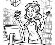 Coloriage Caissier souriant avec cadeaux du Black Friday