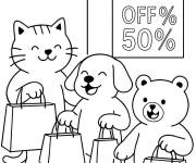 Coloriage Chien, chat et ourson font leurs achats du Black Friday