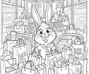 Coloriage Lapin pr&egrave;s du bus avec ses achats