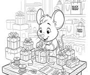 Coloriage Souris emballant des cadeaux pendant le Black Friday