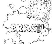 Coloriage Fille Br&eacute;silienne et carte du Br&eacute;sil