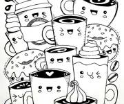 Coloriage Famille de caf&eacute; Kawaii