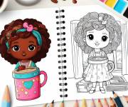 Coloriage Fille et café avec des crayons de couleur et modèle