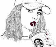 Coloriage La jeune fille boit du café
