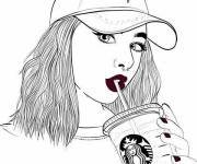 Coloriage La jeune fille boit du caf&eacute;