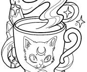 Coloriage et dessins gratuit Tasse de café décoré avec le chat à imprimer