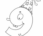 Coloriage Chiffre Neuf  porte un chapeau