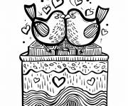 Coloriage Couple de oiseaux avec une bo&icirc;te de chocolats