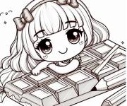 Coloriage Fille kawaii sur une tablette de chocolat