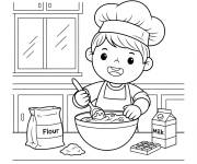 Coloriage Un enfant fait un g&acirc;teau au chocolat