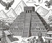 Coloriage Aigles survolent le pyramide de maya