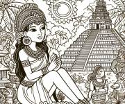 Coloriage Belle d&eacute;esse de maya dans le village