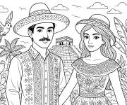Coloriage Couple mexicains devant le pyramide Maya