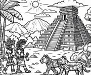 Coloriage Des mayas devant un pyramide avec un jaguar