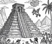 Coloriage Dieu survole le temple de maya