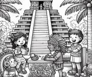 Coloriage Enfants explorent le maya antique