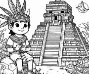 Coloriage Gar&ccedil;on maya assis devant un pyramide