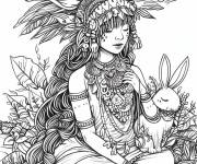 Coloriage Ix Chel et lapin d&eacute;taill&eacute;