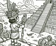Coloriage Le petit chef des mayas devant le pyramide
