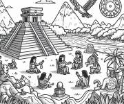 Coloriage Peuple de maya devant le pyramide