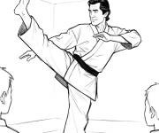 Coloriage Daniel LaRusso d&eacute;montrant une technique de Miyagi-Do