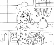 Coloriage Maman Prépare des Biscuits à La Cuisine